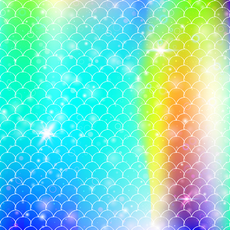 Kawaii mermaid background with princess rainbow scales pattern. Fish tail banner with magic sparkles and stars. Sea fantasy invitation for girlie party. Iridescent kawaii mermaid backdrop.のイラスト素材