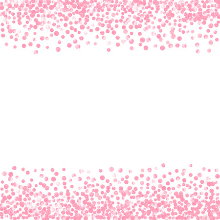Pink glitter dots confetti on isolated backdrop. Random falling sequins with glossy sparkles. Template with pink glitter dots for party invitation, bridal shower and save the date invite.のイラスト素材