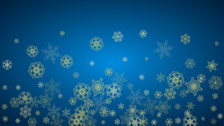New Year snow on blue background. Gold glitter snowflakes. Christmas and New Year snow falling backdrop. For season sales, special offers, banner, cards, party invite, flyer. Horizontal frosty winter.のイラスト素材