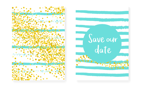 Wedding card invitation with dots and sequins. Bridal shower set with gold glitter confetti. Vertical stripes background. Elegant wedding card for party, event, save the date flyer.のイラスト素材