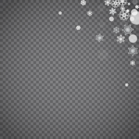 Isolated snowflakes on transparent grey background. Winter sales, Christmas and New Year design for party invitation, banner, sale. Winter snow window. Magic crystal isolated snowflakes. Silver flakesのイラスト素材