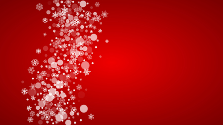 Christmas background with white snowflakes on red background. Santa Claus colors. New Year and Christmas background for party invitation, banner, gift card, retail offer. Horizontal winter backdropのイラスト素材