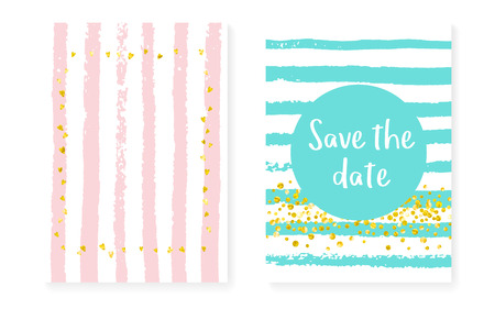 Gold glitter frame with dots and sequins. Wedding and bridal shower invitation set with confetti. Vertical stripes background. Vintage gold glitter frame for party, event, save the date flyer.のイラスト素材