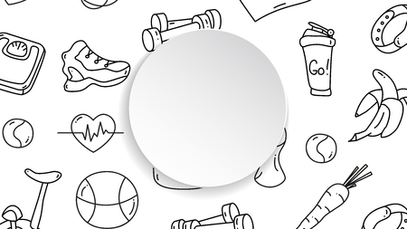 Fitness banner with hand drawn gym pattern and 3d paper plate. Doodle icons for healthy workout and exercise. Sport lifestyle line art. Stylish fitness banner for sales, special offers, flyers and ad.のイラスト素材