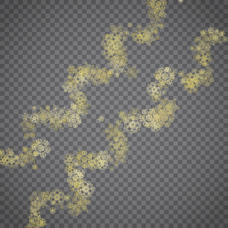 Isolated snowflakes on transparent grey background. Gold glitter snow. Winter sales, Christmas and New Year design for party invitation, banner, sale. Winter window. Magic crystal isolated snowflakes.のイラスト素材