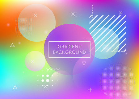 Liquid shapes background with dynamic fluid. Holographic bauhaus gradient with memphis elements. Graphic template for flyer, ui, magazine, poster, banner and app. Vibrant liquid shapes background.のイラスト素材