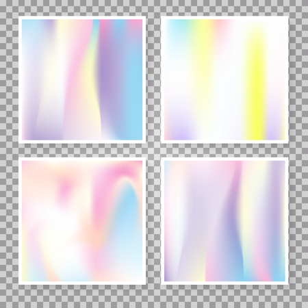 Gradient mesh abstract backgrounds set. Minimal holographic backdrop with gradient mesh. 90s, 80s retro style. Pearlescent graphic template for banner, flyer, cover, mobile interface, web app.のイラスト素材