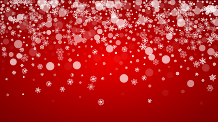 Christmas border with white snowflakes on red background. Santa Claus colors. Horizontal Merry Christmas border for season sales, banners, invitations, retail offers. Falling snow. Frosty winter back.のイラスト素材