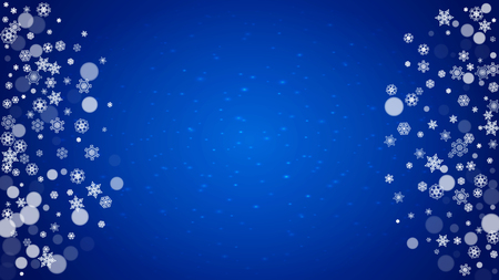 Winter border with white snowflakes for Christmas and New Year celebration. Horizontal winter border on blue background for banners, gift coupon, voucher, ads, party events. Falling frosty snowflakes.のイラスト素材