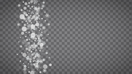 Isolated snowflakes on transparent grey background. Winter sales, Christmas and New Year design for party invitation, banner, sale. Horizontal winter window. Magic isolated snowflakes. Silver flakesのイラスト素材