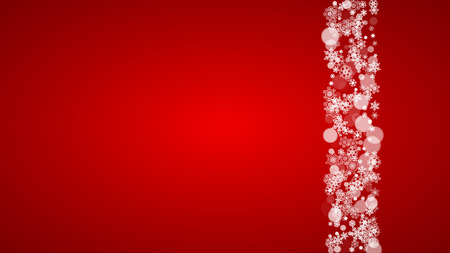 Christmas background with white snowflakes on red background. Santa Claus colors. New Year and Christmas background for party invitation, banner, gift card, retail offer. Horizontal winter backdropのイラスト素材