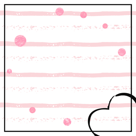 Pink glitter dots confetti on white stripes. Shiny random sequins with metallic sparkles. Template with pink glitter dots for greeting card, bridal shower and save the date invite.のイラスト素材