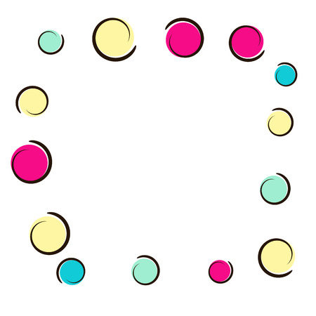 Polka dot frame with comic pop art confetti. Big colored spots, spirals and circles on white. Vector illustration. Hipster childish splash for birthday party. Rainbow polka dot frame.のイラスト素材
