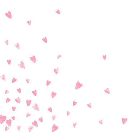 Wedding glitter confetti with hearts on isolated back. Shiny falling sequins with shimmer and sparkles. Design with pink wedding glitter for party invitation, banner, greeting card, bridal shower.のイラスト素材