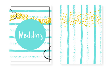 Wedding card invitation with dots and sequins. Bridal shower set with gold glitter confetti. Vertical mint stripes background. Retro wedding card for party, event, save the date flyerのイラスト素材