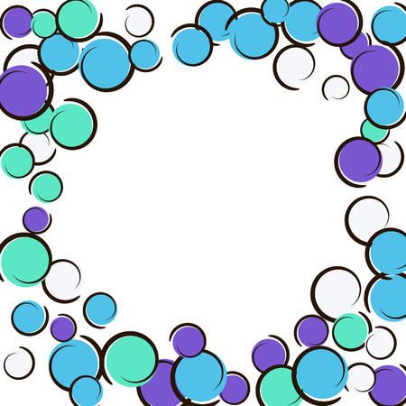 Comic background with pop art polka dot confetti. Big colored spots, spirals and circles on white. Vector illustration. Trendy kids splatter for birthday party. Rainbow comic background.のイラスト素材