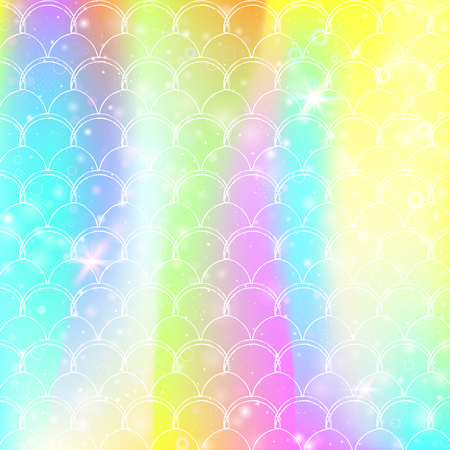 Rainbow scales background with kawaii mermaid princess pattern. Fish tail banner with magic sparkles and stars. Sea fantasy invitation for girlie party. Multicolor backdrop with rainbow scales.のイラスト素材