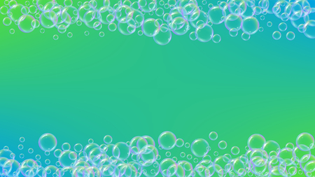Bath bubble. Detergent soap foam and suds for bathtub. Shampoo. 3d vector illustration banner. Minimal fizz and splash. Realistic water frame and border. Green colorful liquid bath bubble.のイラスト素材