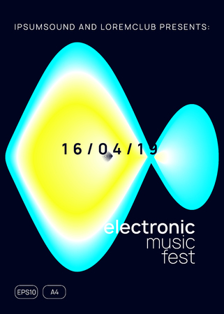 Music poster. Electronic sound. Night dance lifestyle holiday. Commercial electro show invitation layout. Fluid holographic gradient shape and line. Summer fest flyer and music poster.のイラスト素材