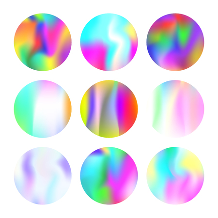 Gradient mesh abstract backgrounds set. Stylish holographic backdrop with gradient mesh. 90s, 80s retro style. Pearlescent graphic template for banner, flyer, cover, mobile interface, web app.のイラスト素材
