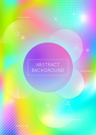 Bauhaus background with liquid shapes. Dynamic holographic fluid with gradient memphis elements. Graphic template for placard, presentation, banner, brochure. Pearlescent bauhaus background.のイラスト素材