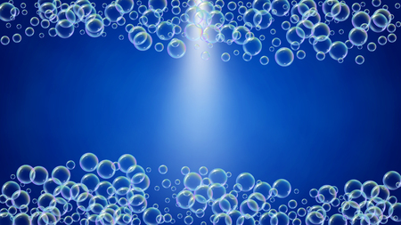 Bubble foam. Detergent and shampoo suds for bath. Soap. Bright spray and splash. Realistic water frame and border. 3d vector illustration flyer. Blue colorful liquid bubble foam.のイラスト素材