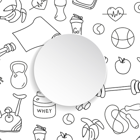 Fitness banner with hand drawn gym pattern and 3d paper plate. Doodle icons for healthy workout and exercise. Sport lifestyle line art. Stylish fitness banner for sales, special offers, flyers and ad.のイラスト素材