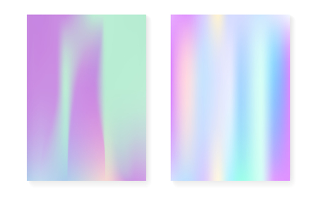 Holographic cover set with hologram gradient background. 90s, 80s retro style. Pearlescent graphic template for placard, presentation, banner, brochure. Neon minimal holographic cover.のイラスト素材