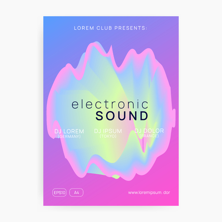 Music fest. Commercial disco party presentation layout. Electronic sound. Night dance lifestyle holiday. Fluid holographic gradient shape and line. Summer poster and music fest flyer.のイラスト素材