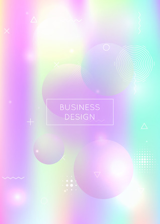 Holographic background with liquid shapes. Dynamic bauhaus gradient with memphis fluid elements. Graphic template for placard, presentation, banner, brochure. Stylish holographic background.のイラスト素材