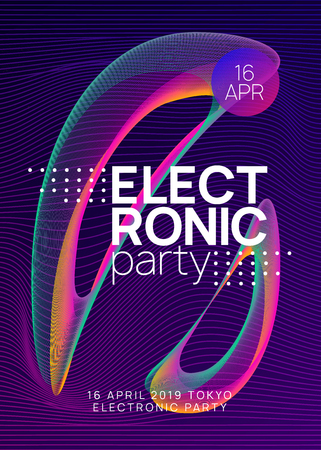 Techno event. Dynamic gradient shape and line. Futuristic show cover template. Neon techno event flyer. Electro dance music. Electronic sound. Trance fest poster. Club dj party.のイラスト素材