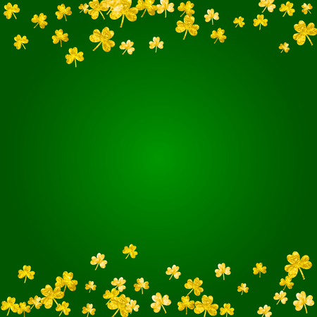 Saint patricks day background with shamrock. Lucky trefoil confetti. Glitter frame of clover leaves. Template for voucher, special business ad, banner. Dublin saint patricks day backdrop.のイラスト素材