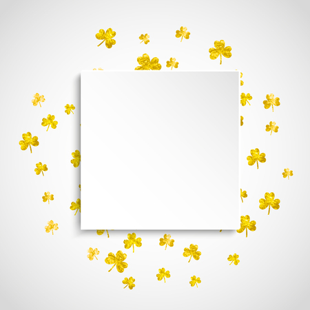 Saint patricks paper badge with shamrock. Lucky trefoil confetti. Glitter frame of clover leaves. Template for poster, gift certificate, banner. Festive saint patricks paper badge backdrop.のイラスト素材