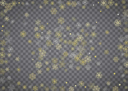 Isolated snowflakes on horizontal transparent grey background. Gold glitter snow. Winter sales, Christmas and New Year design for party invitation, banner, sale. Magic crystal isolated snowflakes.のイラスト素材