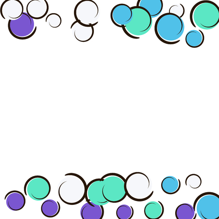 Comic background with pop art polka dot confetti. Big colored spots, spirals and circles on white. Vector illustration. Stylish childish splash for birthday party. Rainbow comic background.のイラスト素材