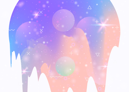 Holographic background with abstract cosmos landscape and future universe. Girlish mountain silhouette with wavy glitch. 3d fluid. Futuristic gradient and shape. Memphis holographic background.のイラスト素材