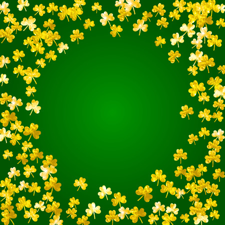 Shamrock background for Saint Patricks Day. Lucky trefoil confetti. Glitter frame of clover leaves.	 Template for flyer, special business offer, promo. Merry shamrock background.のイラスト素材