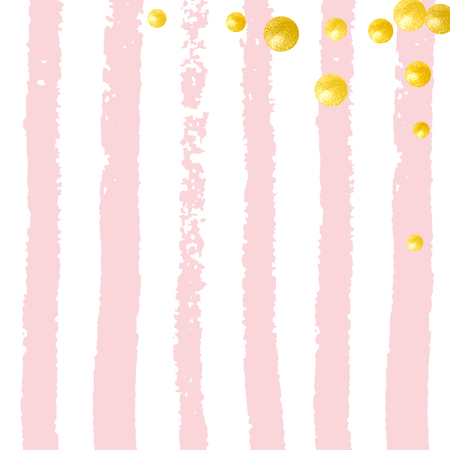 Wedding glitter confetti with dots on pink stripes. Sequins with metallic shimmer and sparkles. Design with gold wedding glitter for greeting card, bridal shower and save the date invite.のイラスト素材