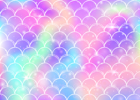 Kawaii mermaid background with princess rainbow scales pattern. Fish tail banner with magic sparkles and stars. Sea fantasy invitation for girlie party. Futuristic kawaii mermaid backdrop.のイラスト素材