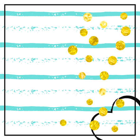 Gold glitter dots confetti on turquoise stripes. Shiny random falling sequins with shimmer. Template with gold glitter dots for party invitation, event banner, flyer, birthday card.のイラスト素材