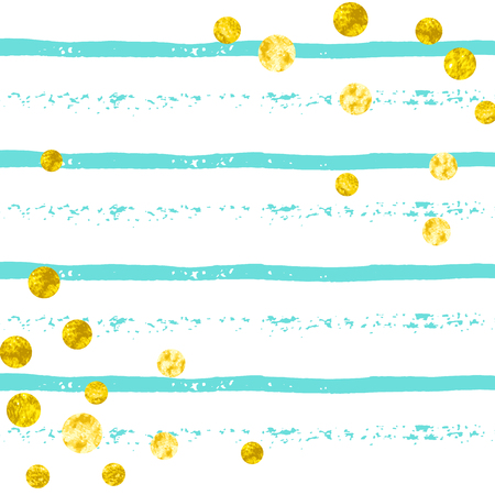 Wedding glitter confetti with dots on turquoise stripes. Shiny random falling sequins with shimmer. Design with gold wedding glitter for party invitation, banner, greeting card, bridal shower.のイラスト素材