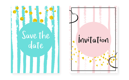 Bridal shower card with dots and sequins. Wedding invitation set with gold glitter confetti. Vertical stripes background. Vintage bridal shower card for party, event, save the date flyer.のイラスト素材