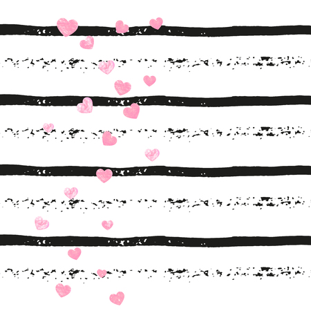 Wedding glitter confetti with hearts on black stripes. Sequins with metallic shimmer and sparkles. Design with pink wedding glitter for greeting card, bridal shower and save the date invite.のイラスト素材