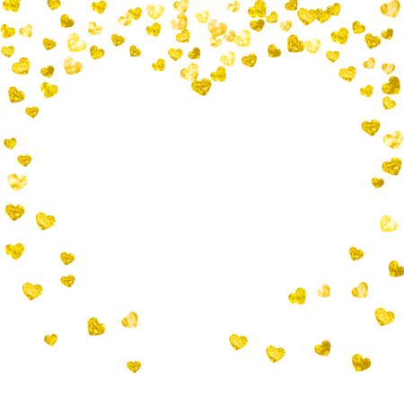 Valentine background with gold glitter hearts. February 14th day. Vector confetti for valentine background template. Grunge hand drawn texture. Love theme for special business offer, banner, flyer.のイラスト素材