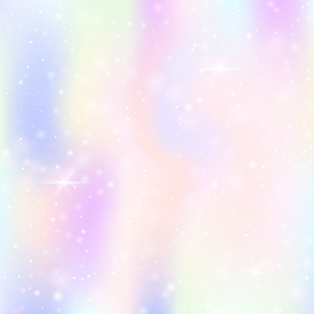 Unicorn background with rainbow mesh. Kawaii universe banner in princess colors. Fantasy gradient backdrop with hologram.  Holographic unicorn background with magic sparkles, stars and blurs.のイラスト素材