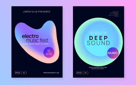 Summer music set. Modern indie event cover design. Fluid holographic gradient shape and line. Electronic sound. Night dance lifestyle holiday. Fest poster and flyer for summer music.のイラスト素材