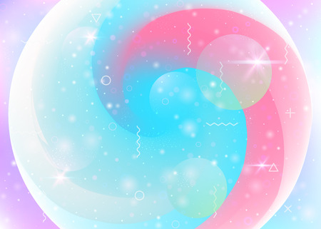 Holographic background with abstract cosmos landscape and future universe. Plastic mountain silhouette with wavy glitch. 3d fluid. Futuristic gradient and shape. Memphis holographic background.のイラスト素材