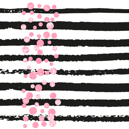 Pink glitter confetti with dots on black stripes. Shiny random falling sequins with sparkles. Design with pink glitter confetti for party invitation, event banner, flyer, birthday card.のイラスト素材