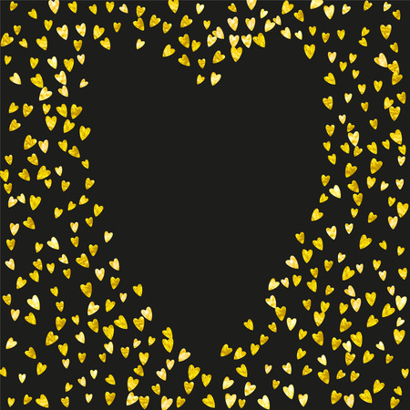 Valentines day card with gold glitter hearts. February 14th. Vector confetti for valentines day card template. Grunge hand drawn texture. Love theme for gift coupons, vouchers, ads, events.のイラスト素材