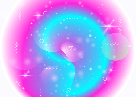 Universe background with galaxy and cosmos shapes and star dust. Holographic futuristic gradients. 3d fluid with magic sparkles. Fantastic space landscape with planets. Memphis universe background.のイラスト素材